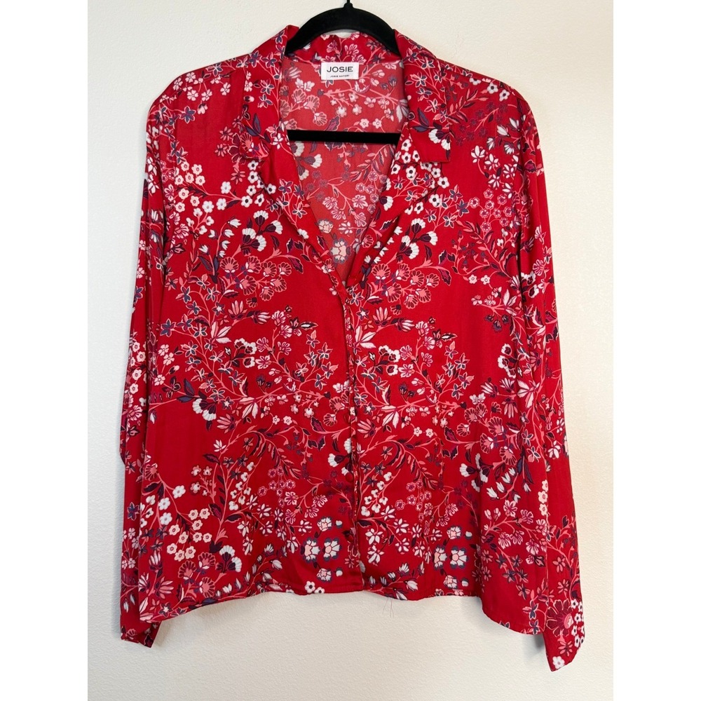 Josie‎ Natori Pajama Set Red Floral Long Sleeve Top & Shorts XL Lounge Sleepwear